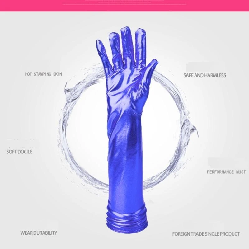 R1WE feminino com 17 polegadas comprimento luvas cosplay metálica molhada Luvas couro falso