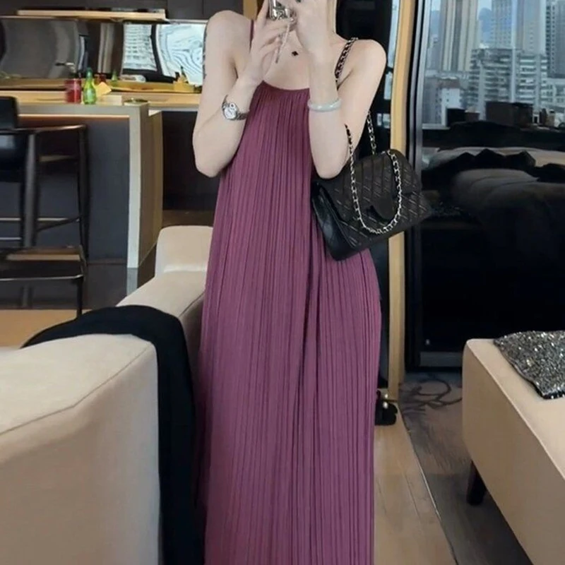 Women Summer Sleeveless Pleated O-neck Spaghetti Strap Loose Sexy Maxi Dress