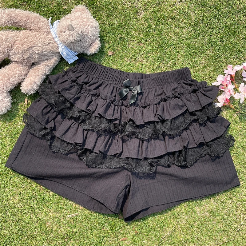 New Japanese Soft Girl Y2k Shorts Lolita Fluffy Cotton Lace Cake Leggings Versatile Skirt Women's Black High-waisted Short Pants