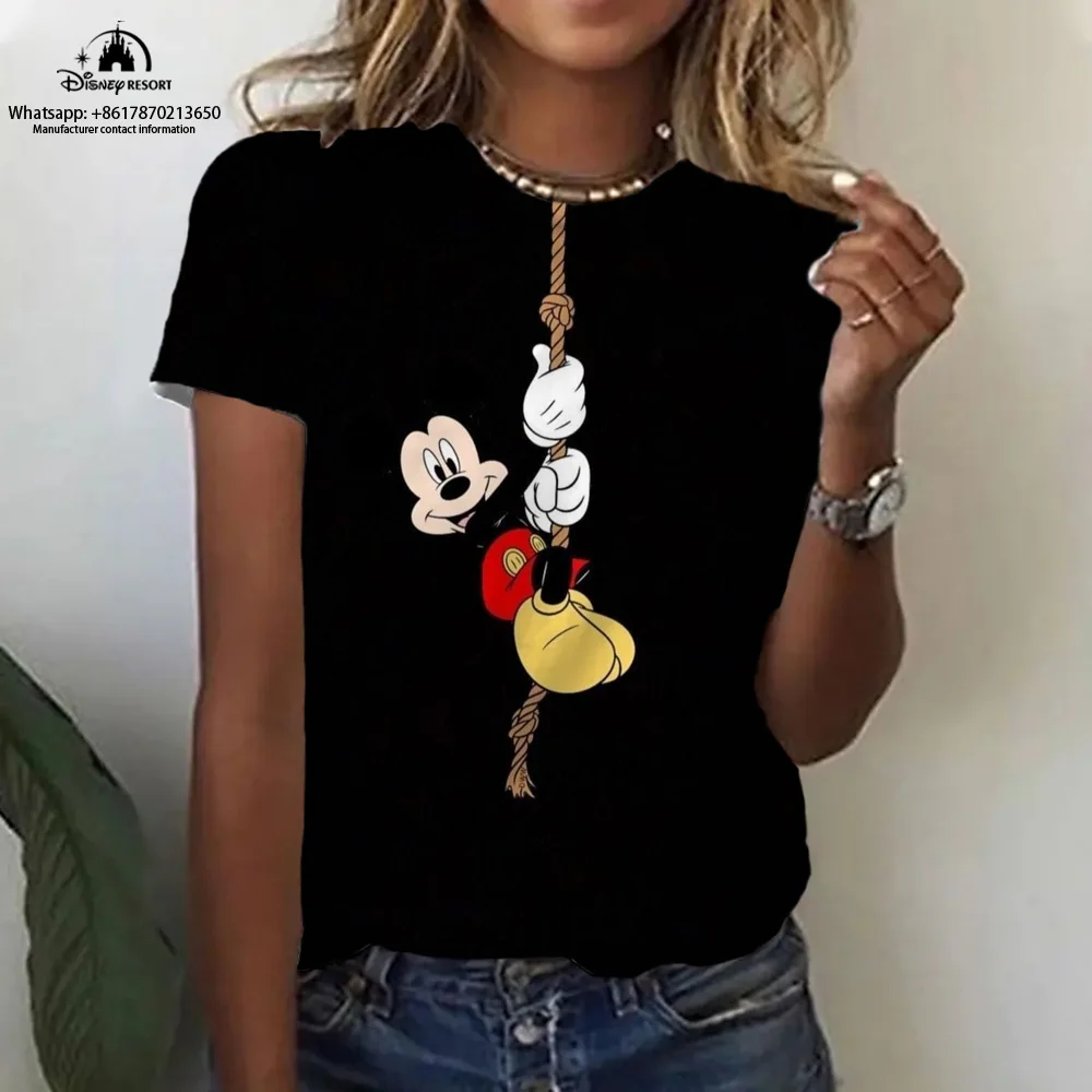 Camiseta cómoda de manga corta para mujer, camiseta de dibujos animados de Mickey y Minnie, camiseta informal de moda de verano 2024