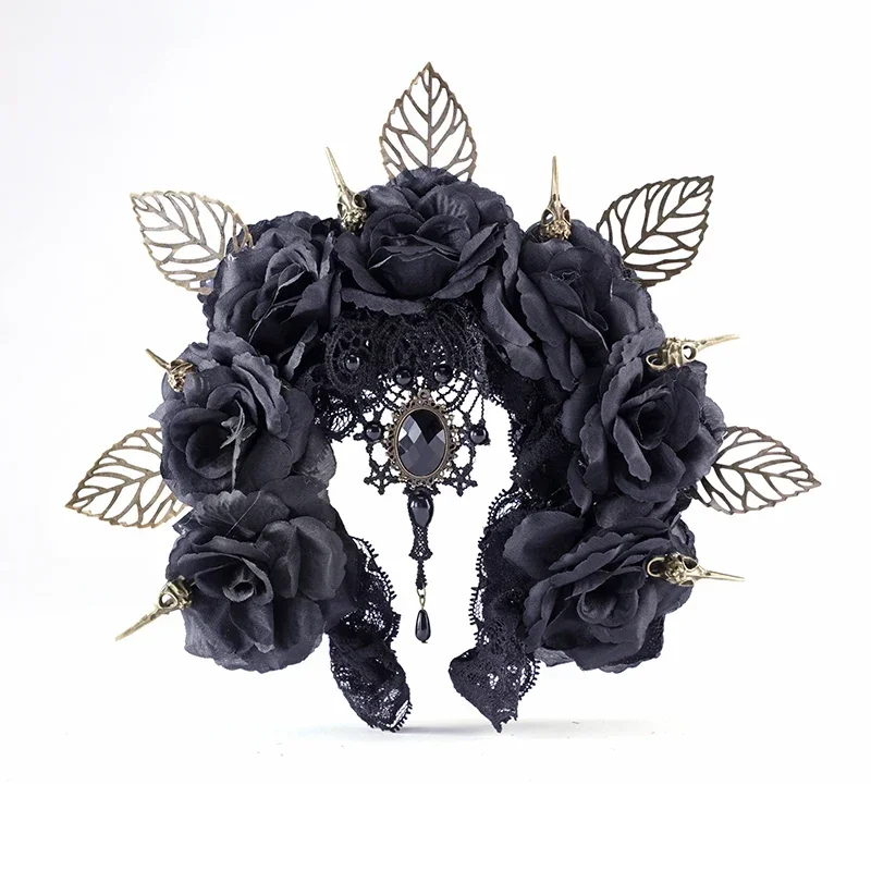 Couronne de tête de reine faite à la main pour filles, accessoires de cheveux, couronne noire gothique vintage, bande de sauna, cosplay, fête d'Halloween, mascarade Tim