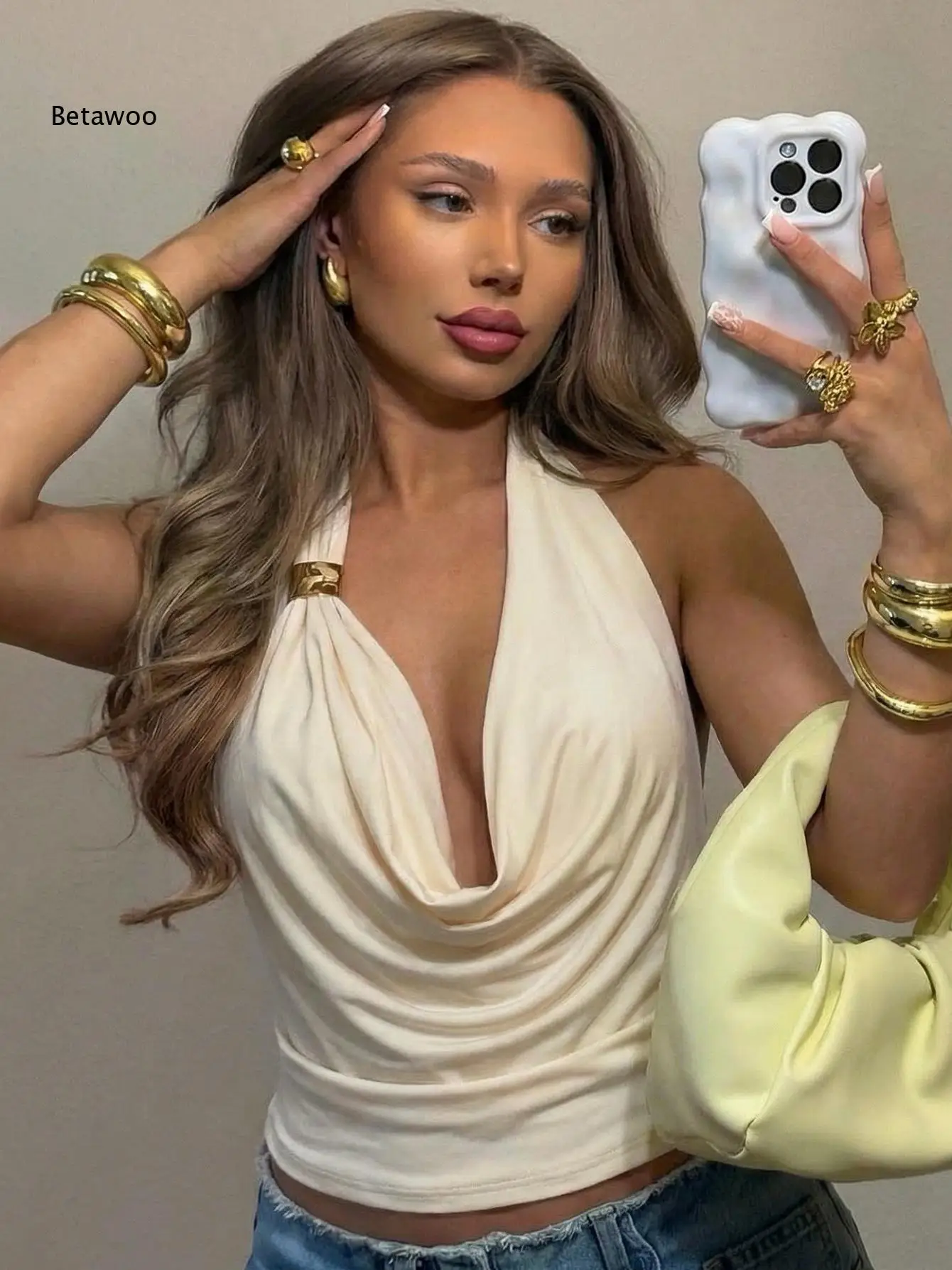 Women's Halter Neck Cowl Front Crop Top with Metal Ring Detail, Sleeveless Draped Tank for Summer Party or Night Out