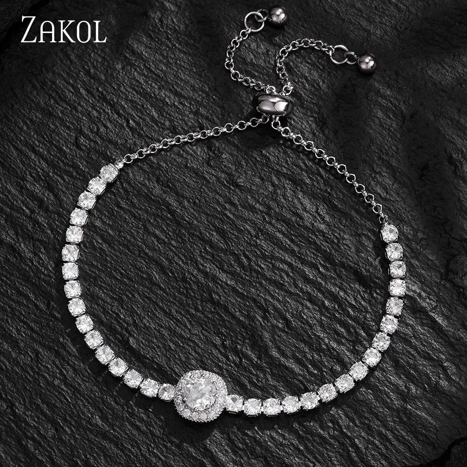 ZAKOL Round Zircon Women's Simple Bracelet Gold Plated Silver Plated Adjustable Fashion Exquisite Chain Jewelry Accessories
