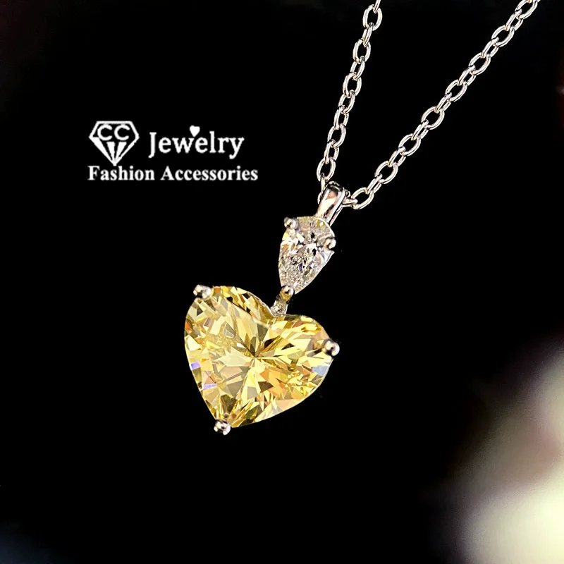 CC Necklace Pendants For Women Silver Color Yellow Heart Cubic Zircon Bridal Wedding Engagement Fine Jewelry Party CCN287