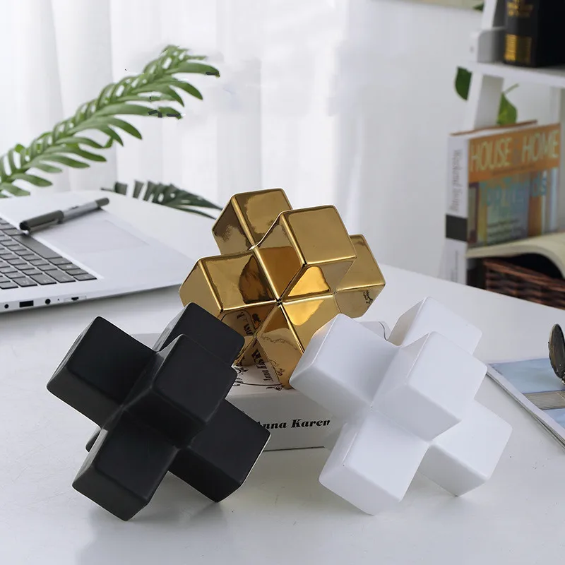 Geometric Building Blocks Square Ceramic Ornaments Abstract Cross Sculpture Table Craft Decorative Figurines Home Decoration