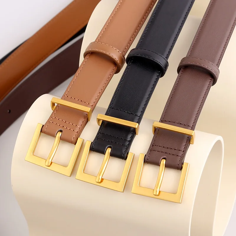 Gold Square Buckle Genuine Leather Belts Simple Solid Color Waistband Casual Jeans Pants Belts For Women Girls