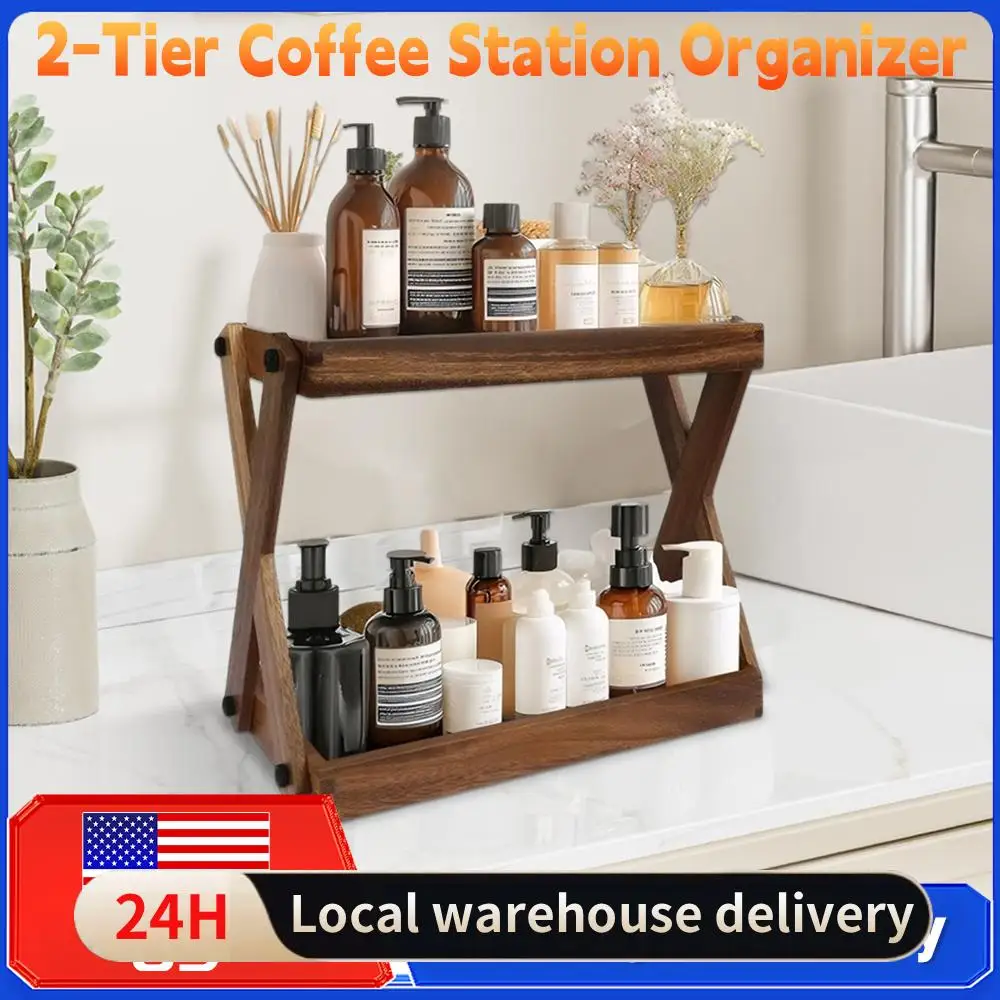 

Деревянная 2-уровневая подставка-органайзер для кофейной станции, вместительная настольная полка для кофе, чая, специй, приправ, косметики, кухни ﻿