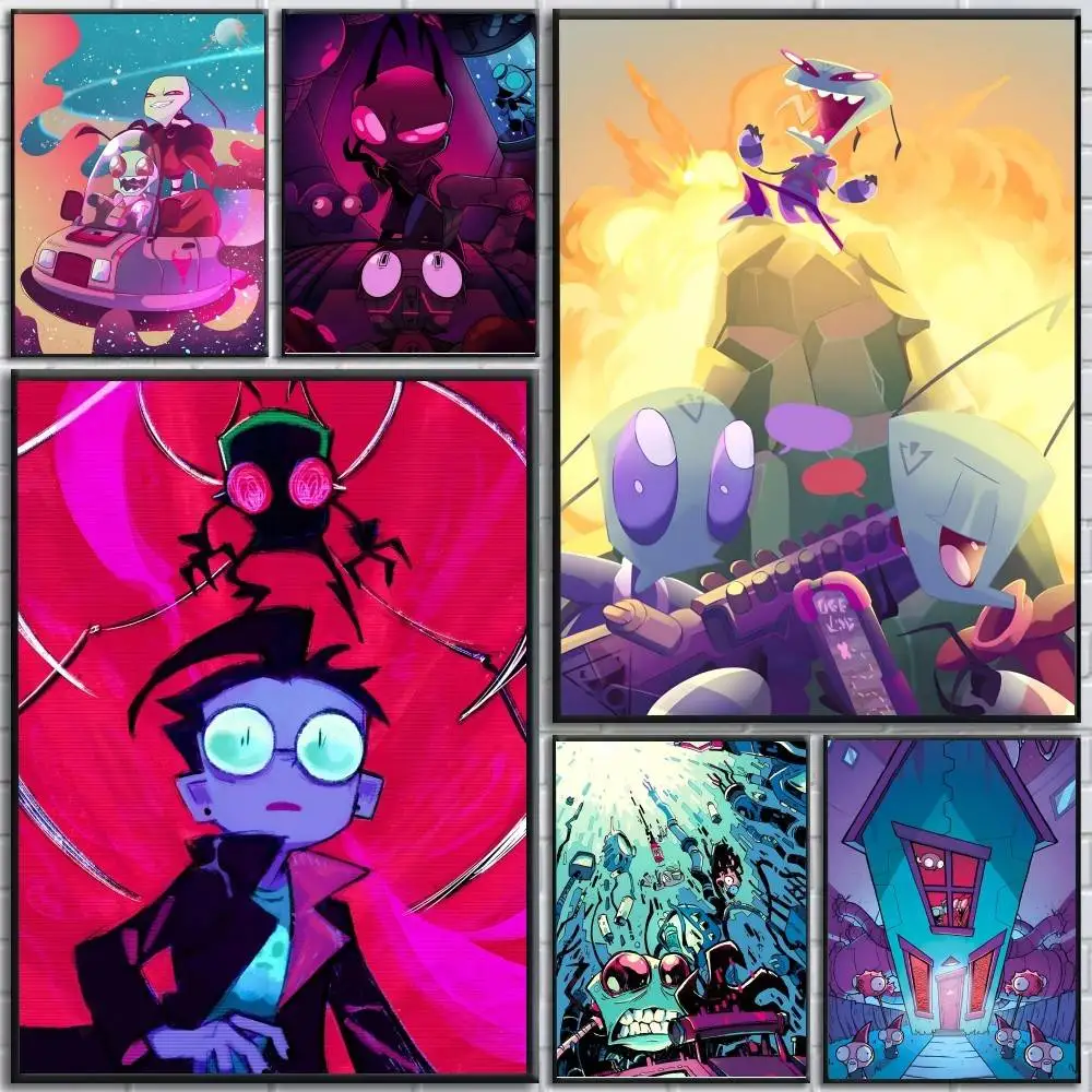 Anime Cartoon ET Green I-Invader Z-ZIM posters Self-adhesive Paper Print Home Living Room Bedroom Entrance Bar Cafe Art