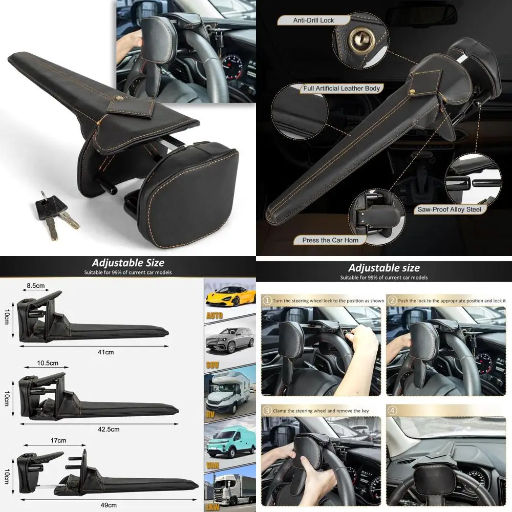 

Car Steering Wheel Lock Anti Theft Device Adjustable with 2 Keys - Leather Cover & Reinforced Steel Core Fits Vehicle Truck Van