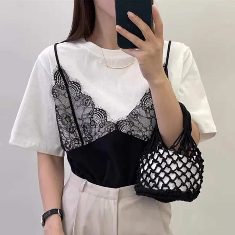 

Y2k Aesthetic Korean Fashion Summer Tees O Neck Loose Casual T-shirts Lace Patchwork Fake Two Piece Women Clothing Chic Tops