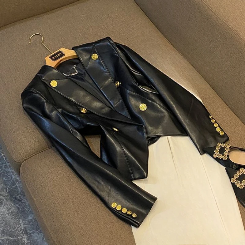 

High Appearance Level High Quality Jacket French Coat Black Golden Metal Double-breasted Slim Wash Collarless Leather Suit Top