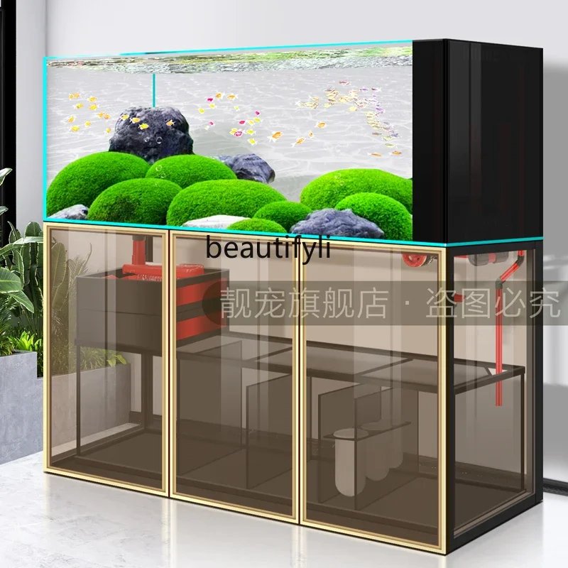 Fish tank aquarium bottom filter ultra-white glass living room stream tank backpack side overflow ecological sea tank  H