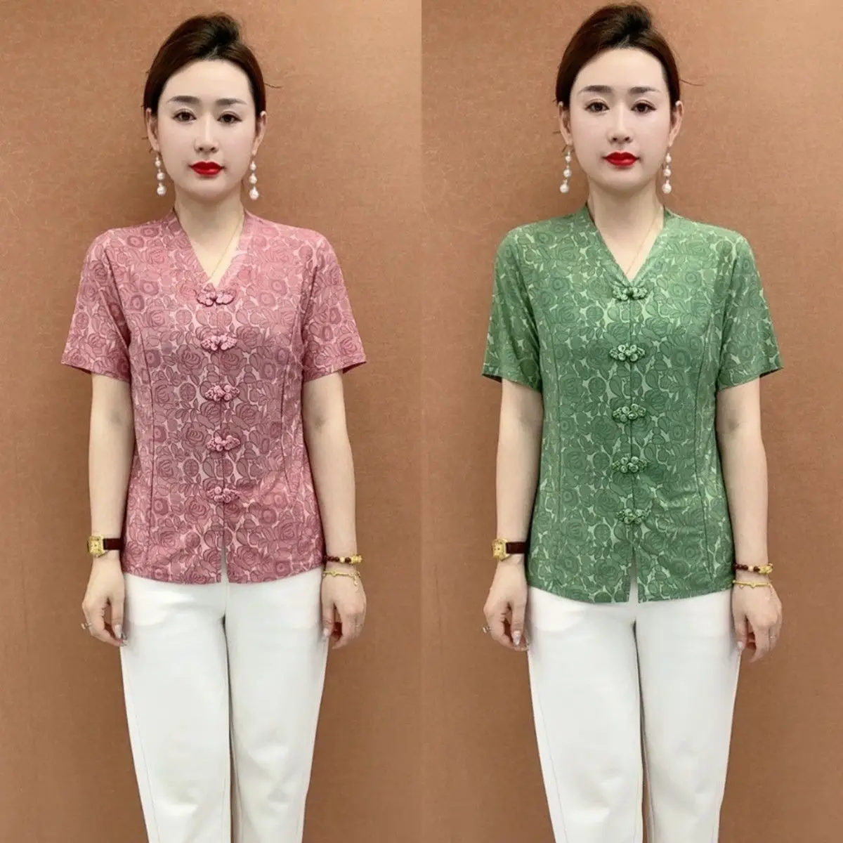 Elegante Camiseta de Manga Corta con Cuello en V de Seda Helada, Estilo Mamá, Top Retro con Cuello Chino para Mujeres de Mediana Edad y Mayores