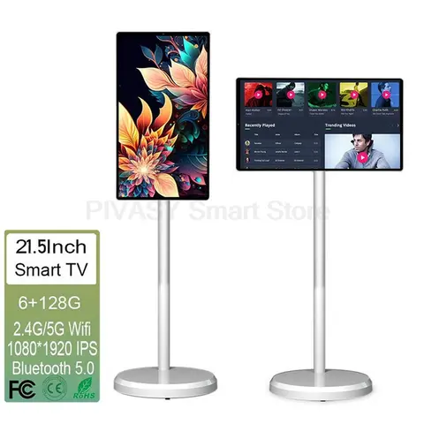 터치 스크린 21.5인치 안드로이드 13 시스템 스마트 TV 6000mAH 배터리 전원 6+128G 장치 체육관 라이브용 회전식 이동식 모니터