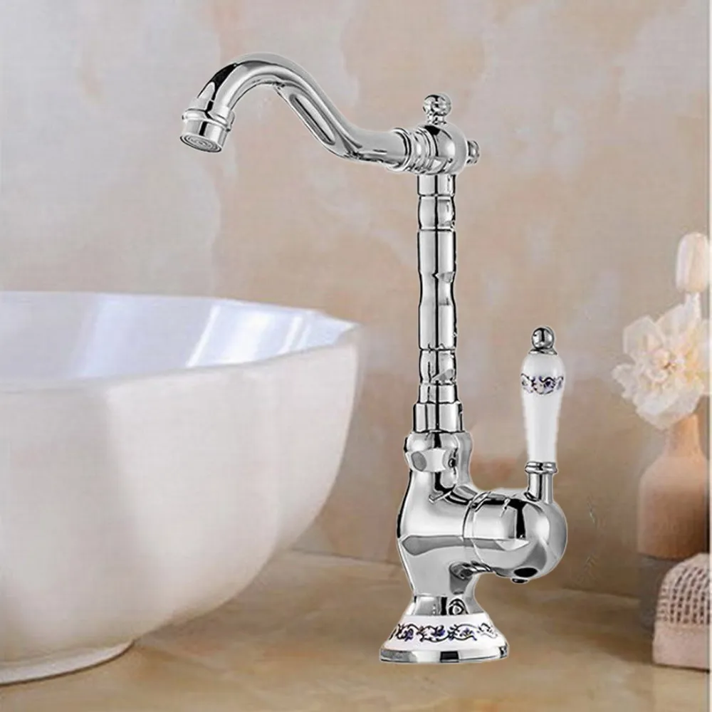 Polished Chrome Kitchen Bathroom Faucet Vessel Sink Basin Swivel Mixer Tap Lavatory One Hole / Handle Swivel Spout  Lsf916