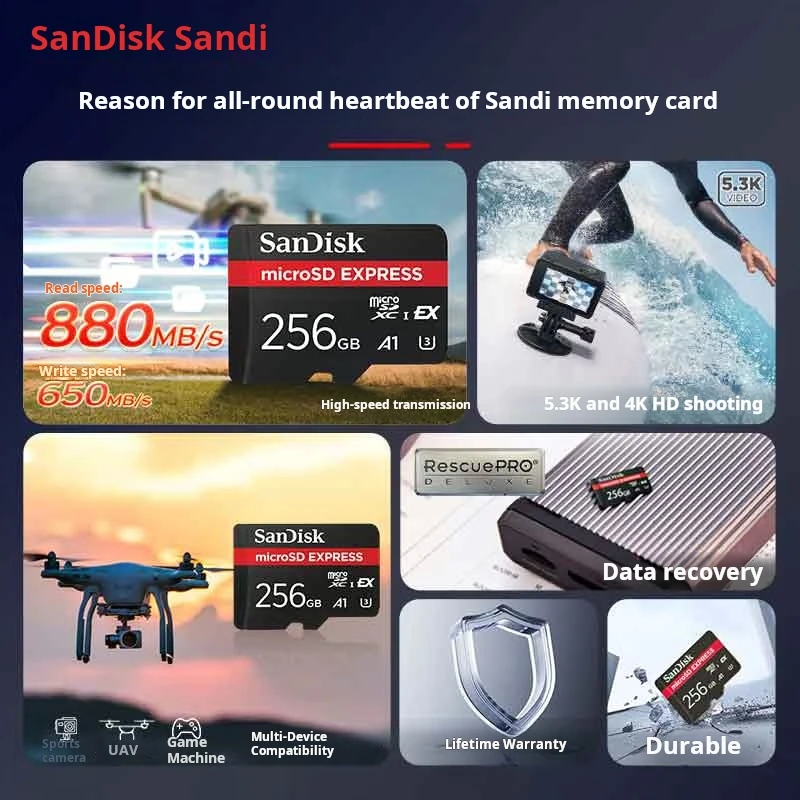 SanDisk 256GB TF (MicroSD Express) Memory Card,Read Speed880MB/s,Multi-Device Compatible, Memory Card for Switch 2 Game Consoles