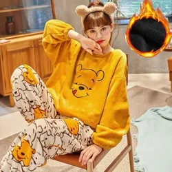 Disney Winnie The Pooh Donald Duck Pajamas Suit Winter Flannel Long Sleeve Housewear Cartoon Women Sleepwear Thickened Lounge