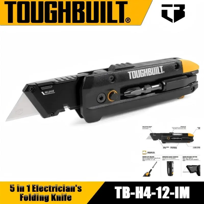 

TOUGHBUILT TB-H4-12-IM Многофункциональный резак с отверткой для бит и монтировкой, складной резак для электрика, ручной инструмент