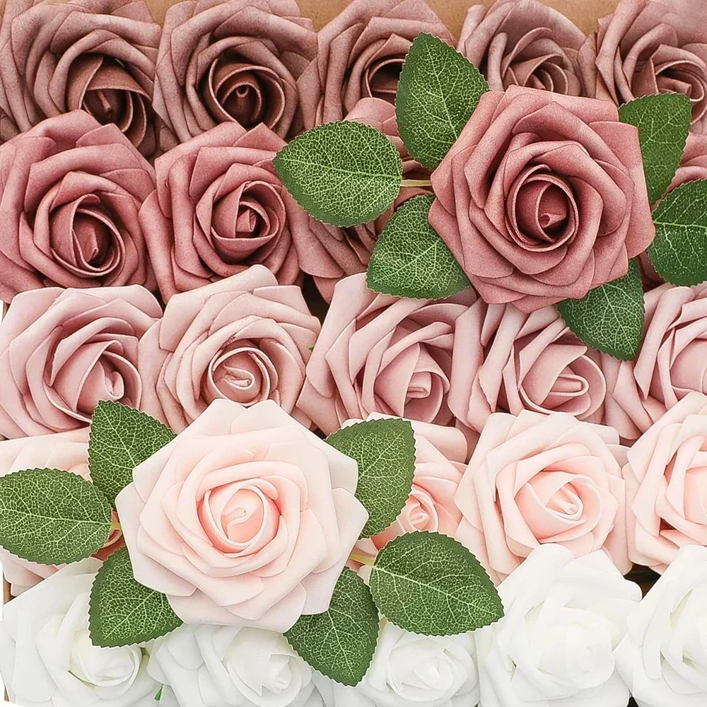 5-50Pcs Artificial Roses Flowers Foam Fake Rose Heads With Stems For DIY Wedding Bouquets Home Party Tables Decorations Supplies