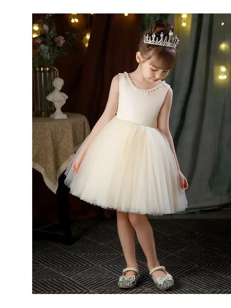 Elegante Prinzessin Kind Blumen mädchen Kleid Geburtstag Tüll knielange Bogen Perlen Hochzeits feier heilige Kommunion Kleid für Kinder Baby