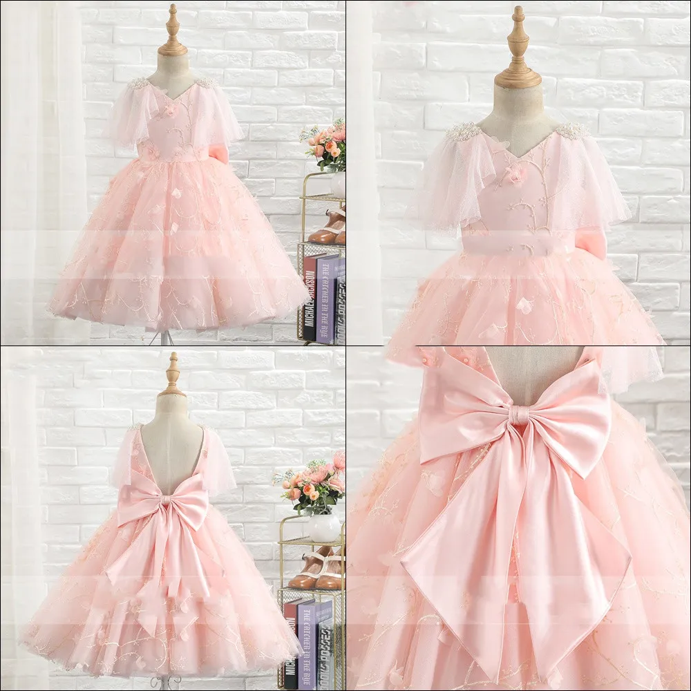 Lace Kids Wedding Dress For Girls First Communion Evening Bridesmaid Dresses V Neck Lace Children Girl Princess Party Dress