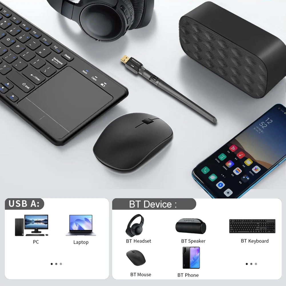 

150M USB BT Adapter Supports Win11/10/8.1/7 Wireless BT Transmitter Receiver with Antenna for PC Speaker Wireless Mouse Keyboard