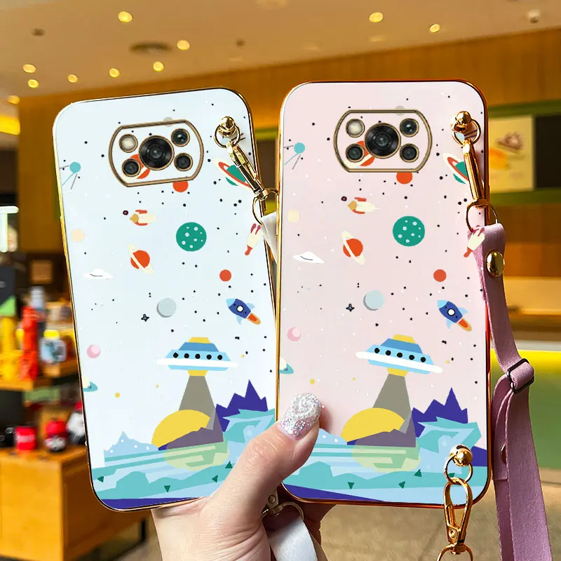 Sailing Spaceships Lanyard Plating Phone Case For Xiaomi POCO X3 X5 X4GT X3GT X4Pro X5Pro F4 F5Pro F5 F4GT M4Pro M5 M3 M4 Cover