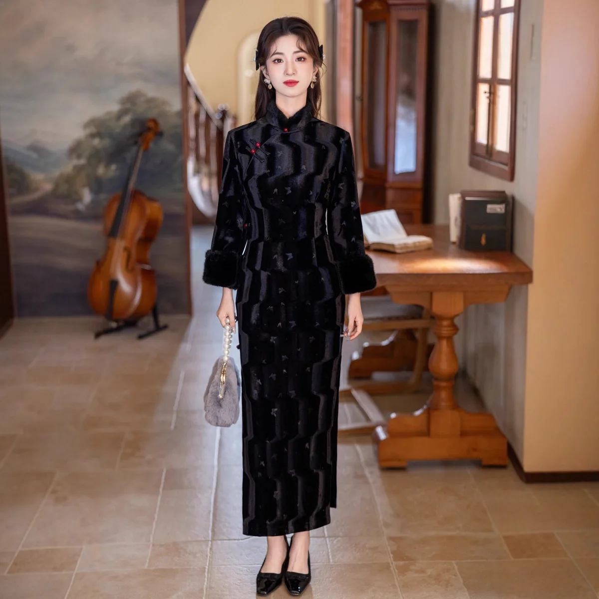 

Черный Cheongsam 2025, новое осенне-зимнее плотное бархатное новое облегающее платье Cheongsam Qipao в китайском стиле в стиле ретро