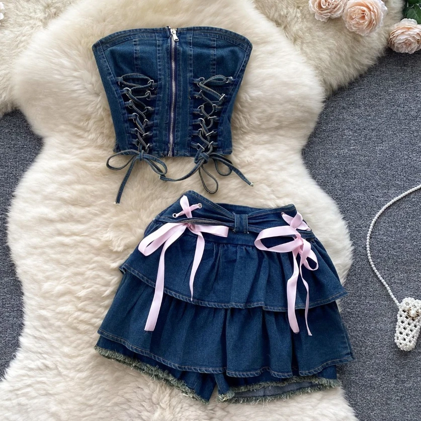 

Женский джинсовый костюм с галстуком без рукавов, топ-труба, жилет, короткий укороченный топ, мини-юбка, сексуальный комплект из двух предметов, уличная одежда, юбки трапециевидной формы, наряды 2024