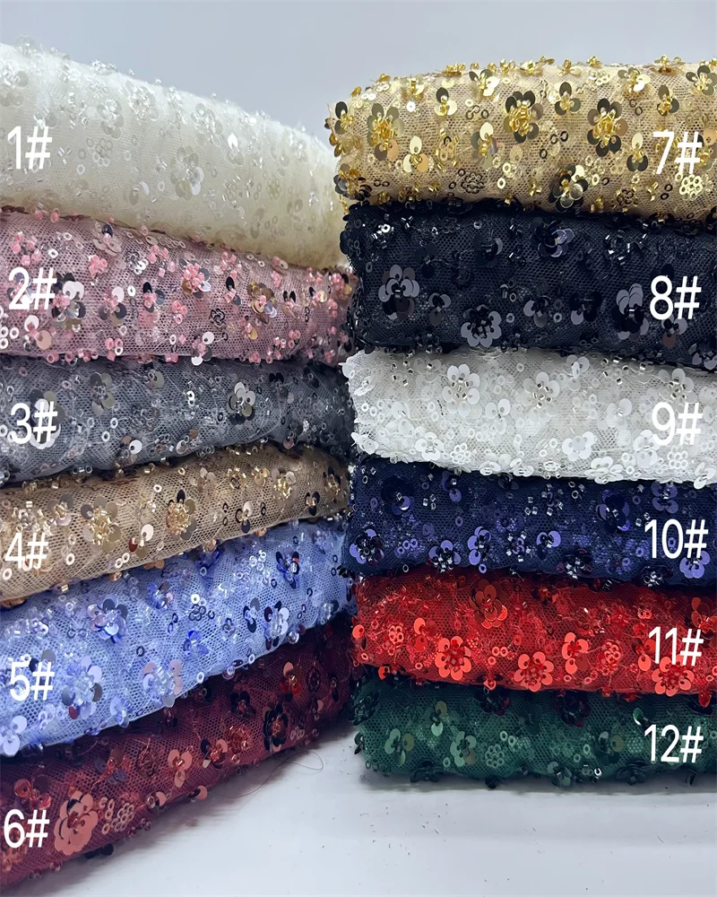 High Quality Fashion French Mesh Beads Embroidery Lace Fabric African Nigerian Sequins Lace Fabric for Wedding Dress