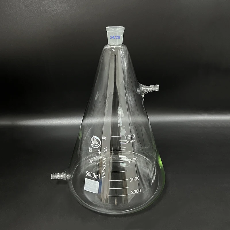 

SHUNIU Filtering flask with tick mark 5000mL 24/29,Triangle flask with upper and bottom side tube,Filter Erlenmeyer bottle