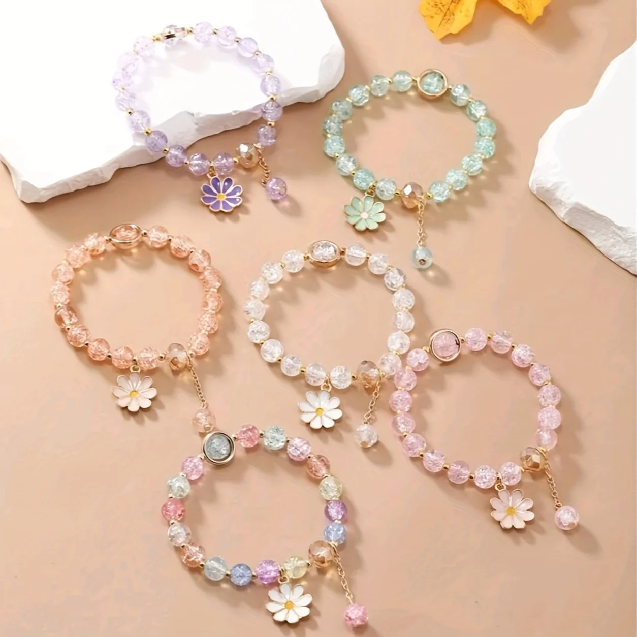 6pcs/Set Bohemian Colorful Flower Women's Bracelets, Daisy Glass Beaded Jewelry, Cute & Preppy Style,Perfect for Gift-Giving