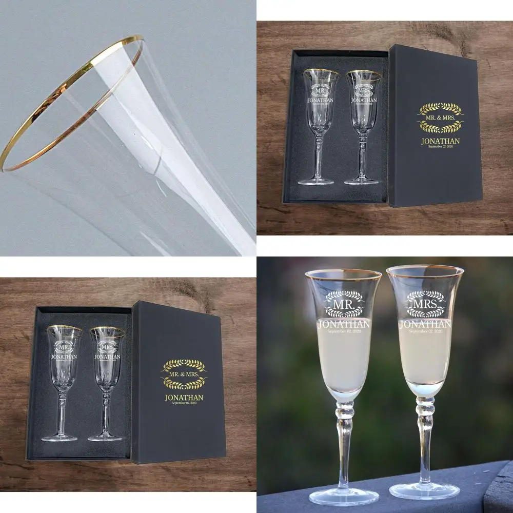

Laser Engraved Champagne Flutes Set of 2, Ideal for Wedding Gifts, Party Glasses with Custom Box