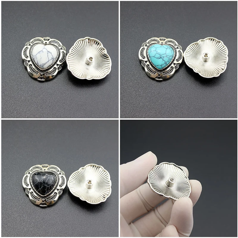 3 Pcs 29*30mm Silver Ethnic Tribal Traditional Flower Love Heart Turquoise Conchos For Belt Wallet Decorative Accessories