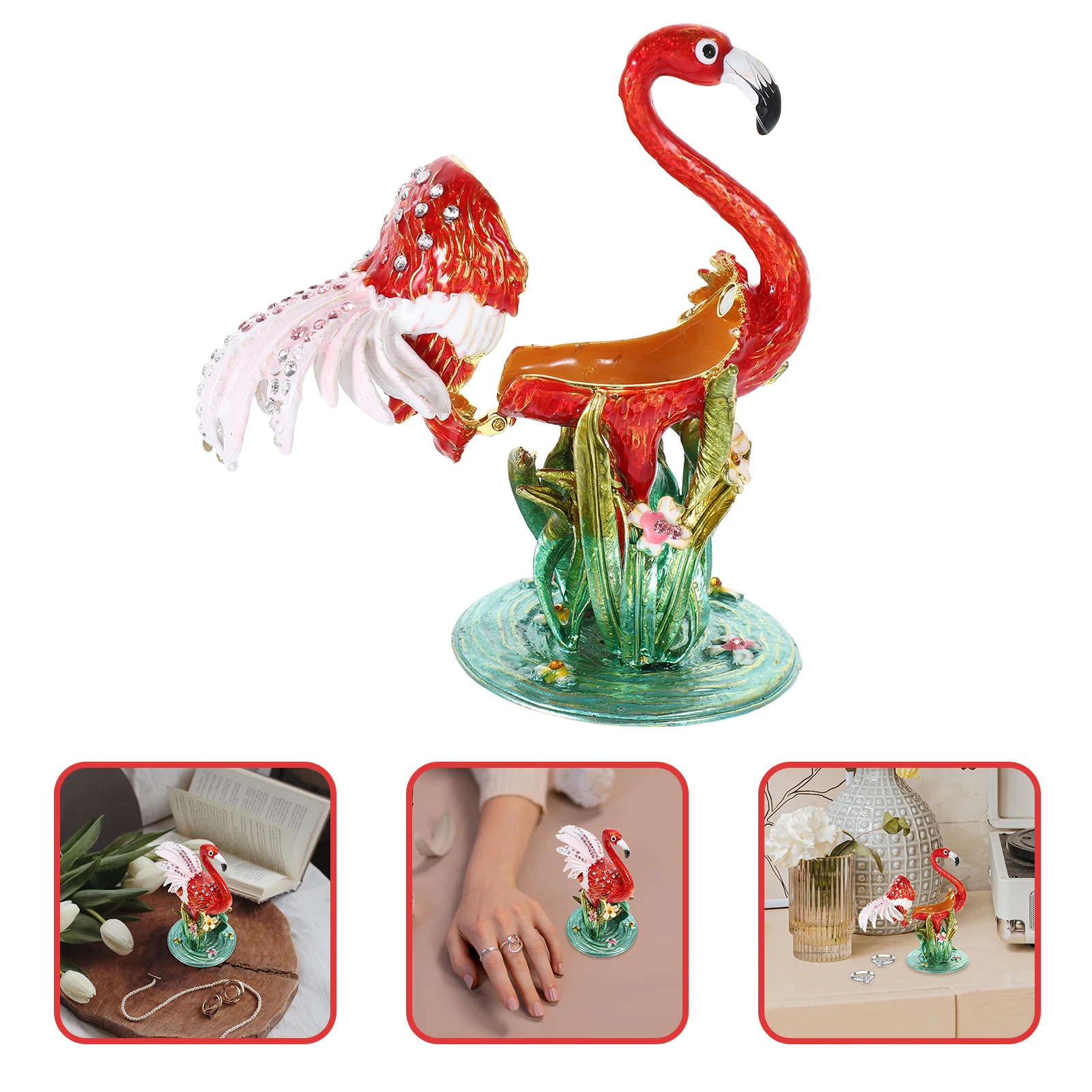 

Flamingo Jewelry Box Vintage Metal Red Hand Painted Enamel Trinket Organizer Ring Earrings Keepsake Home Decoration