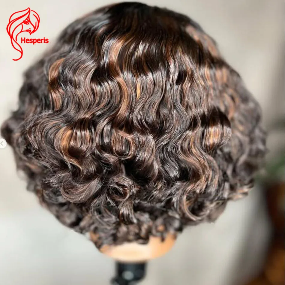 Hesperis Pre Plucked Human Hair Wig For Women Brown Highlight Lace Front Wig Short Curly Lace Wigs With Baby Hair Pixie Cut