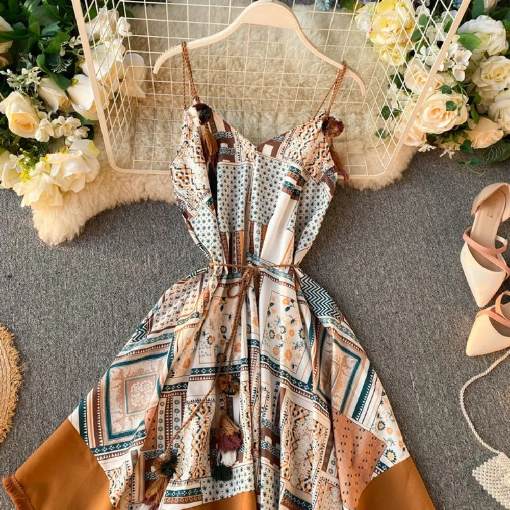Bohemian Print Spaghetti Strap Dress Drawstring Waist Asymmetric Hem Tassel Trim Midi Dress for Summer Vacation and Beach
