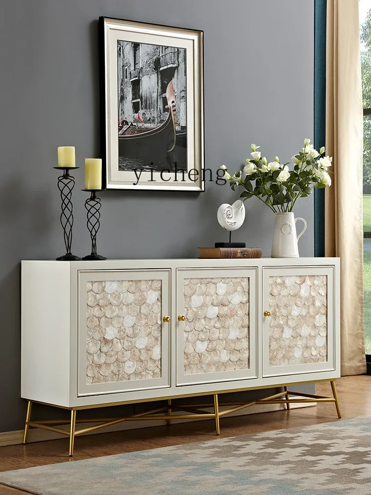 ZK Light Luxury Sideboard Cabinet Living Room Stainless Steel Modern Locker White Simple Solid Wood Shell Entrance Cabinet