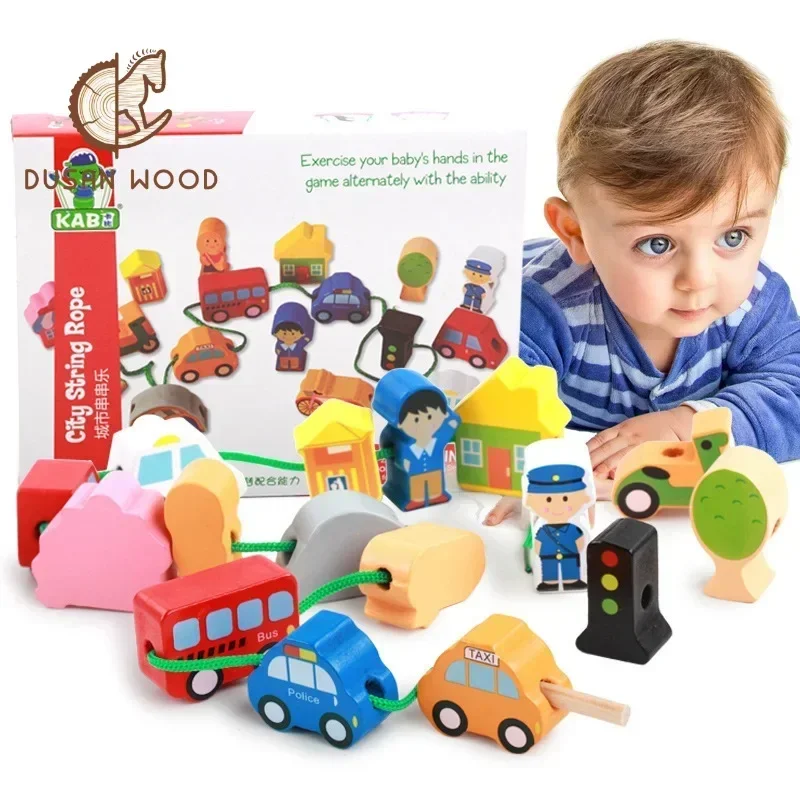 

[Funny] Wooden children's beaded toys city/farm/character dress string rope Educational early education toys baby birthday gift
