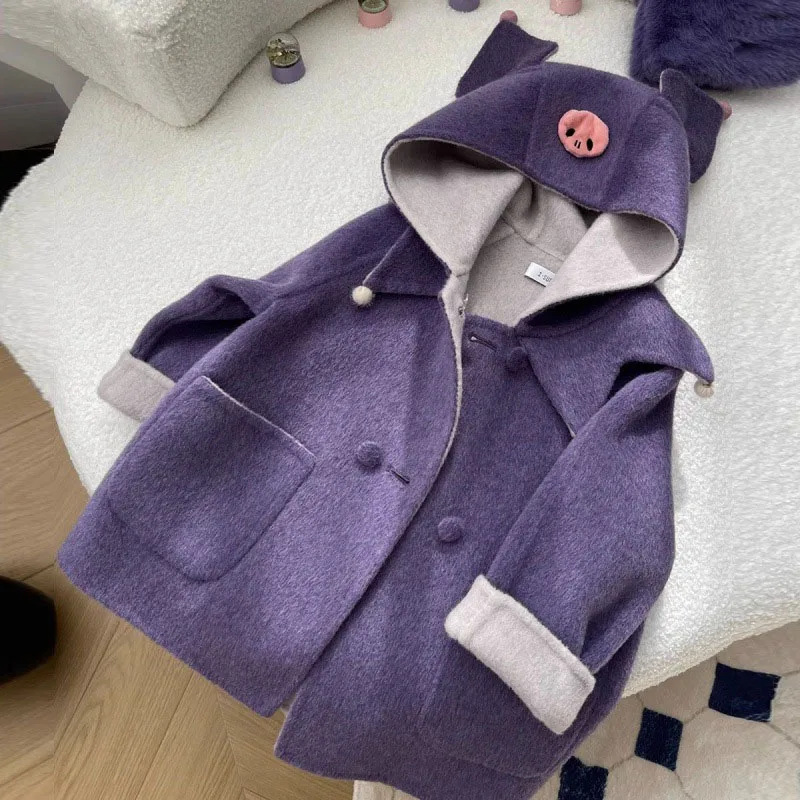 Autumn Winter Baby Girls Hooded Cartoon Purple Double-Sided Woolen Coat Children's Winter Outwear Cute