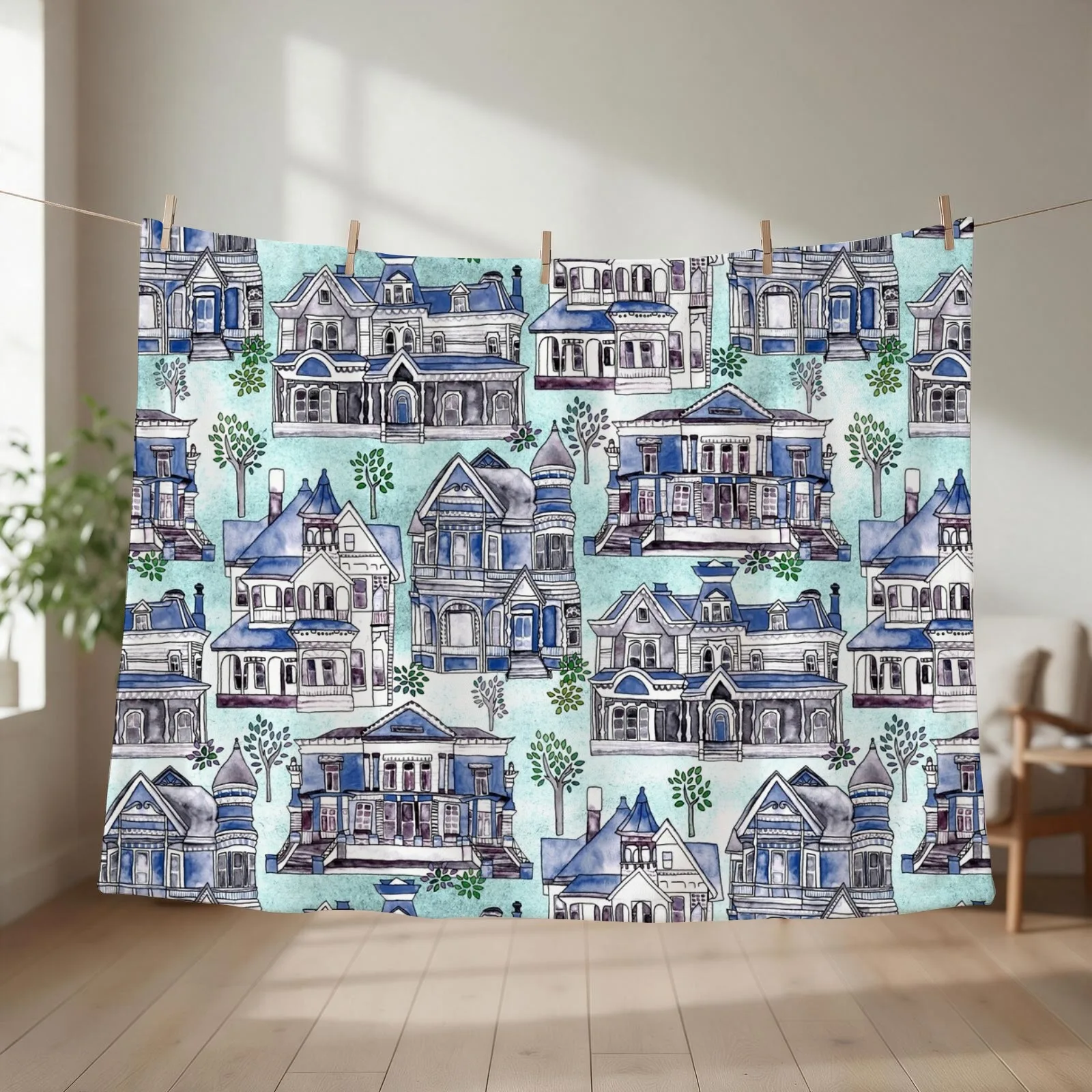 Blue Watercolor Victorian Houses Throw Blanket Custom Luxury Thicken Hairys Bed Fashionable Blankets