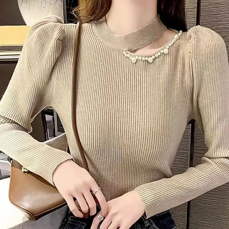 Half High Neck Rivet Hollow Out Pullover Sweater Long Sleeved Slim Knitted Bottom Sweater 2023 Autumn Women Office Lady Sweater