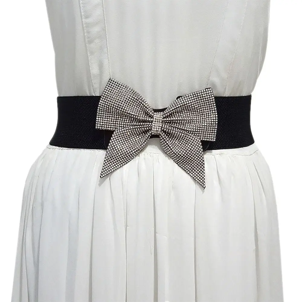 

Rhinestone Bow Women's Waistband Elastic Wide Waist Decorative Belt Bling-Bling Corset Style Elastic Bandage Belt