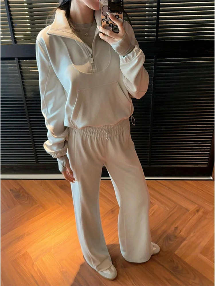 Hose mit hoher Taille, geradem Bein und weitem Bein, lässige Yoga-Fitnesshose für Damen, versteckte Tead-Sport-Freizeit-Baumwollmischung