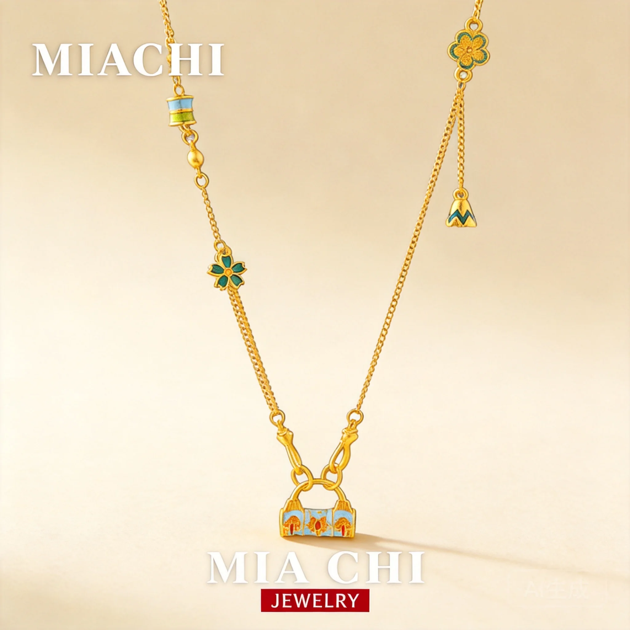 

24k Real Gold Plated Chinese Style Enamel Lock Pendant Necklace Lucky Flower Tassel Clavicle Chain For Women Fortune Blessing