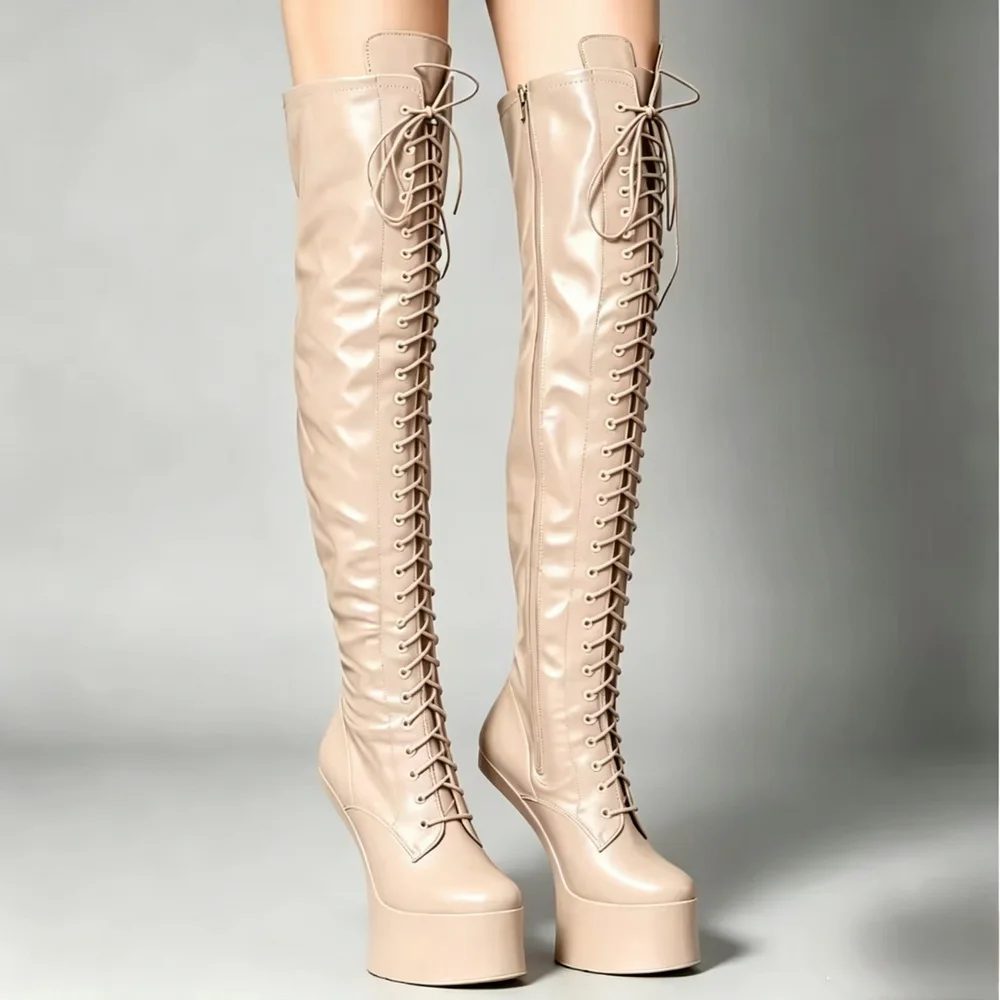 

7 inch/18cm Hoof Heelless Women's Crotch Thigh High Boots,Sexy Over-The-Knee Platform Botas,Full Side Zipper,Beige,Custom Colors