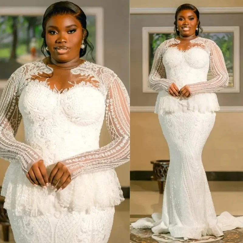 

Африканское свадебное платье больших размеров по индивидуальному заказу, свадебные платья для невесты, прозрачная иллюзия, аппликация из бисера, кружево, жемчуг