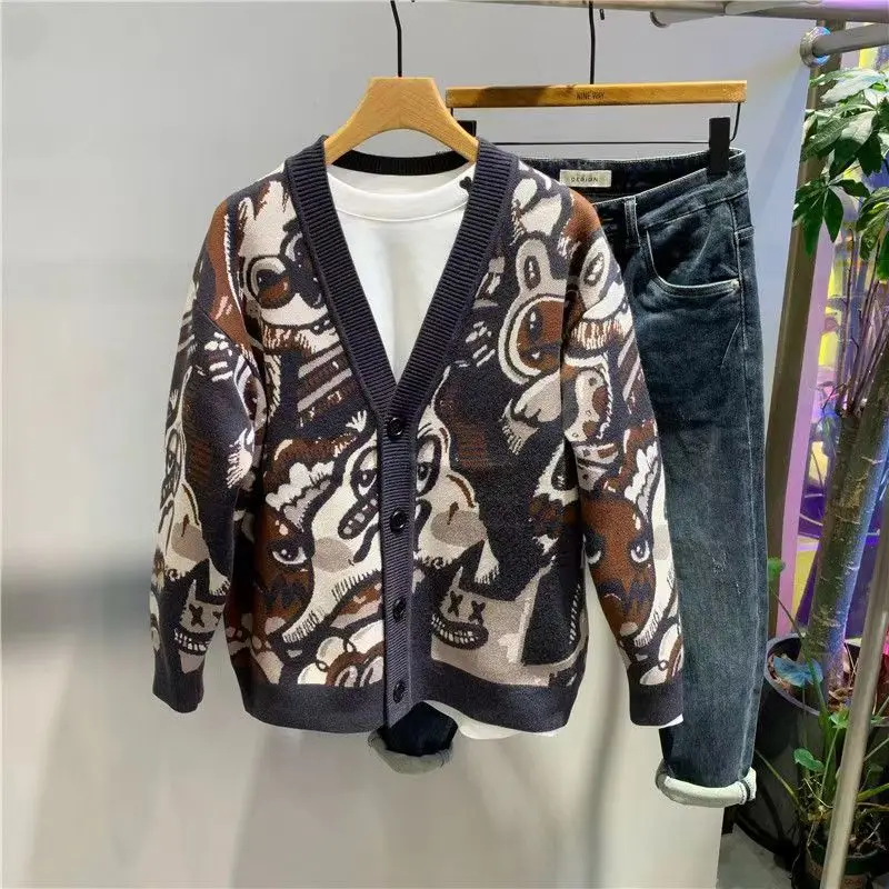 2023年秋ファッショナブルなアメリカンカジュアルルーズニットVネックプリントオープンカーディガンメンズセーター厚みのある長袖トップ