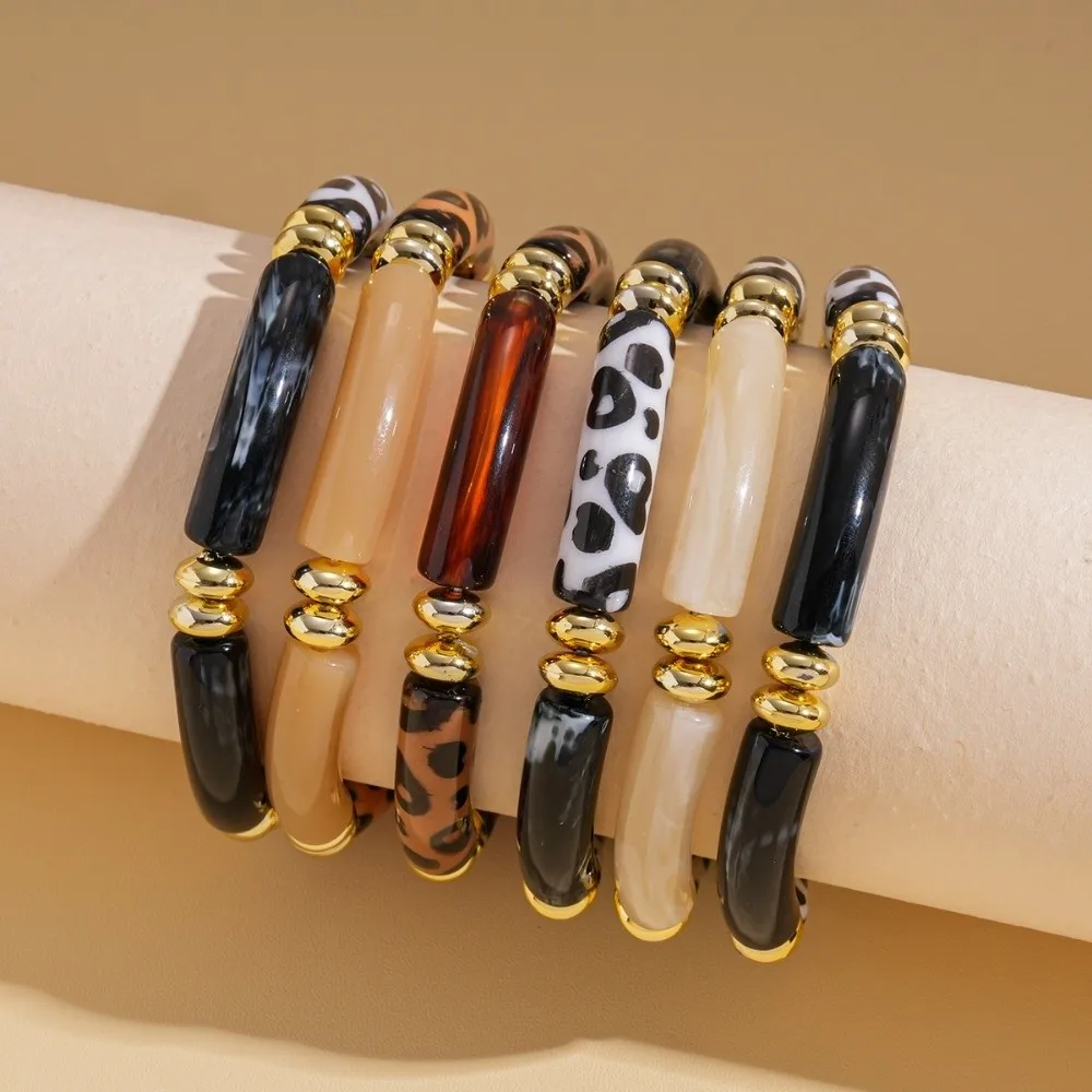 아크릴 레오파드 팔찌 레오파드 프린트 손목밴드 보헤미안 아크릴 팔찌 핸드 링 신축성 있는 곡선형 튜브 뱅글 소녀용