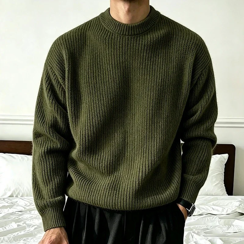 Autumn Man's Solid Color Knitwear Sweater Spring Casual Fashion Ribbed Texture Long Sleeve Loose Crew Neck Knit Pullover Sweater